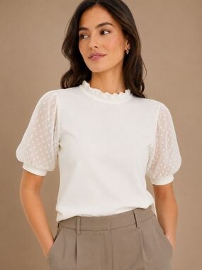 Adrianna Papell Swiss Dot Puff Sleeve Romantic Feminine Sweater Mock Neck Top